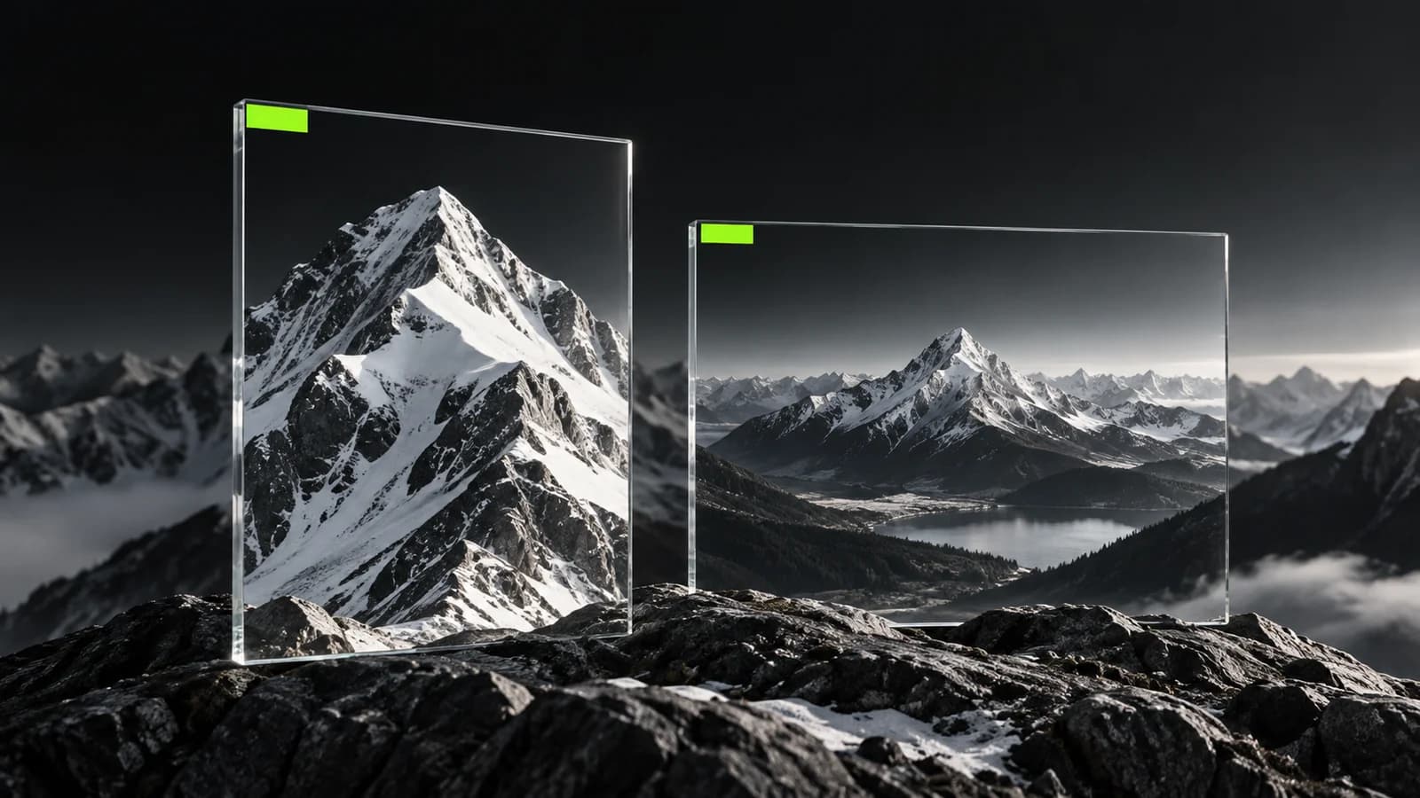 Illustration of two different views of the same mountain landscape.
