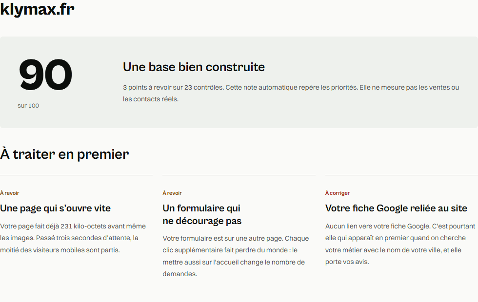 Rapport d’audit de klymax.fr : note indicative de 90 sur 100, trois points à revoir sur 23 contrôles et détail des priorités.