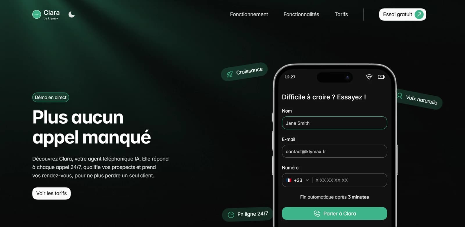 Clara by Klymax : l’accueil du site et le formulaire d’essai téléphonique