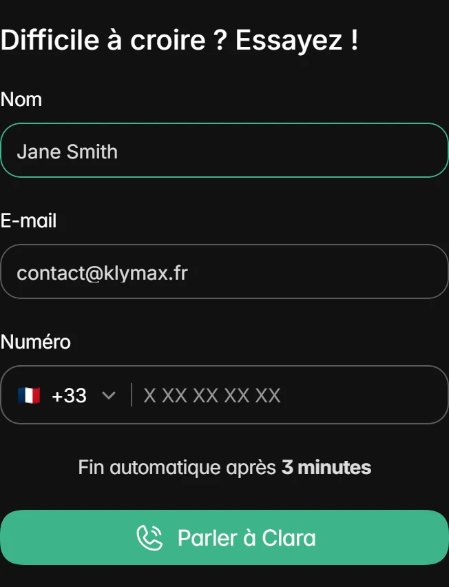 Le formulaire Clara, avec l’indicatif français et le bouton Parler à Clara