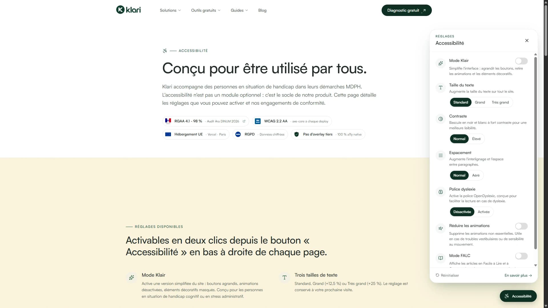 Les réglages d’accessibilité Klari : taille du texte, contraste, espacement et police