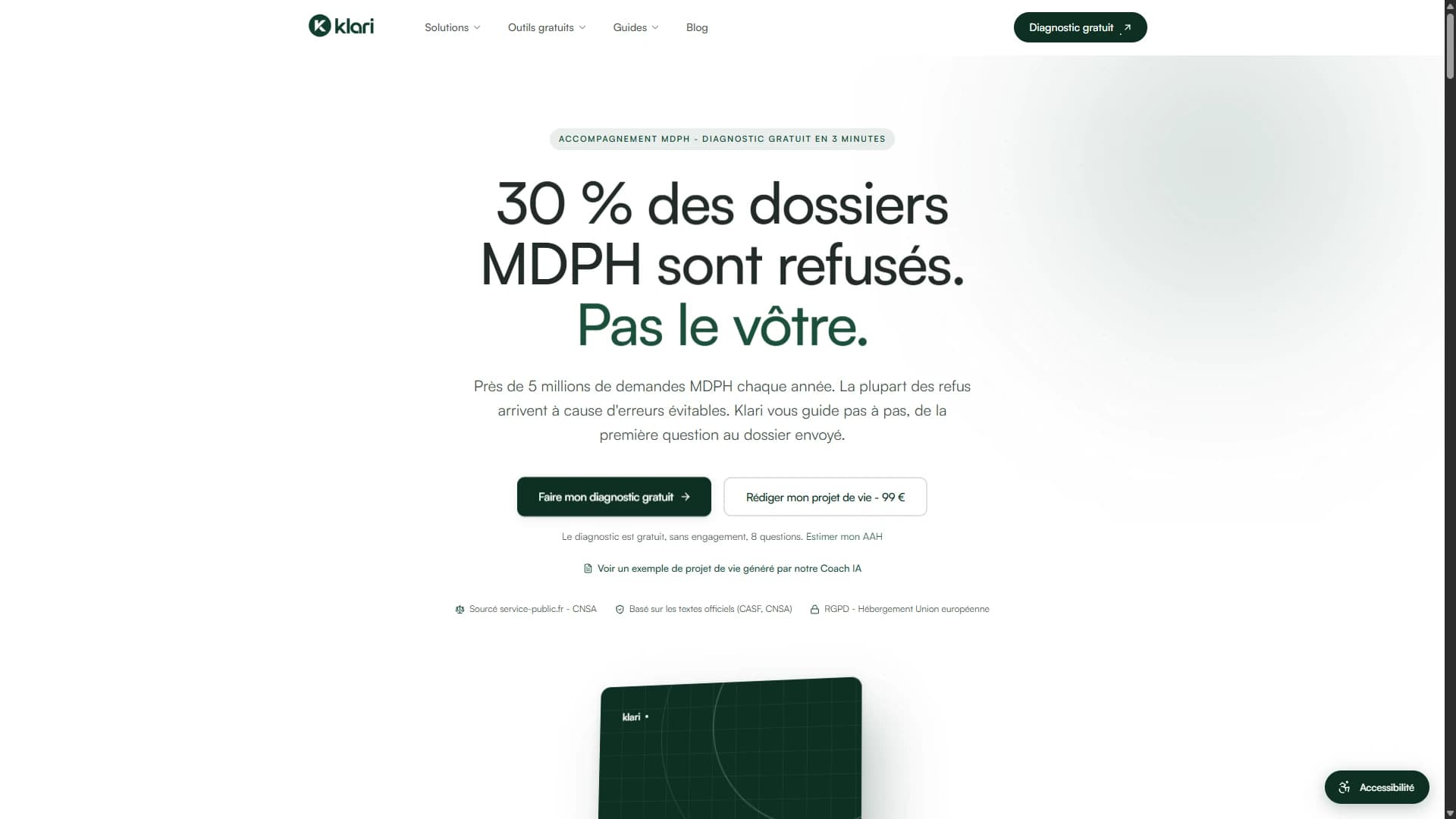 klari.fr : la page d’accueil, le diagnostic gratuit et le projet de vie