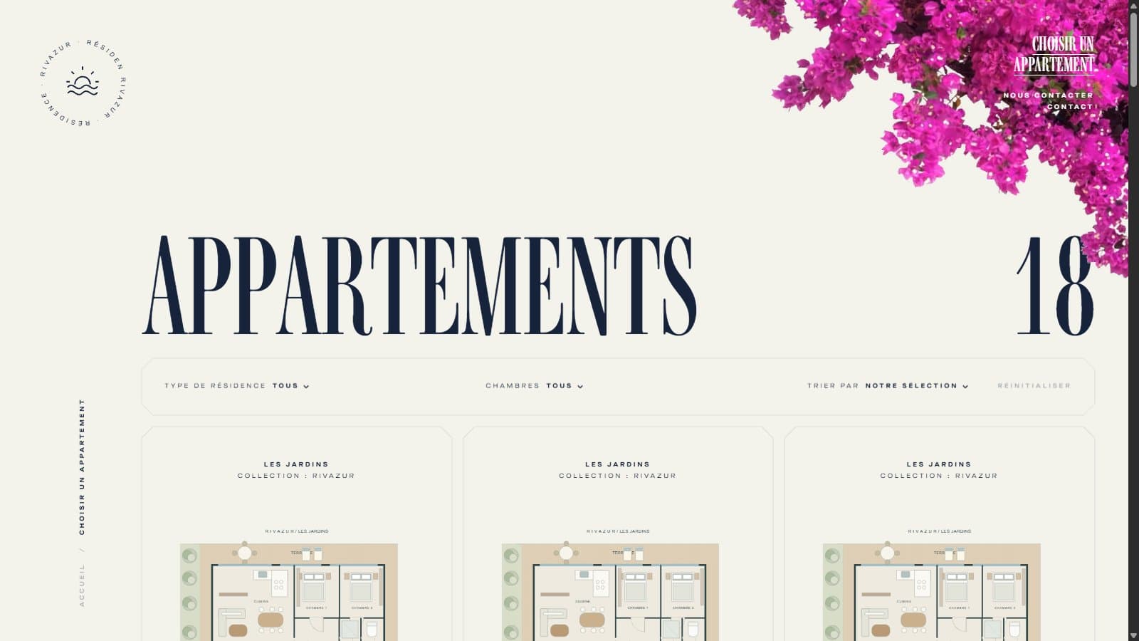 Le catalogue Rivazur : filtres par collection, chambres et surface