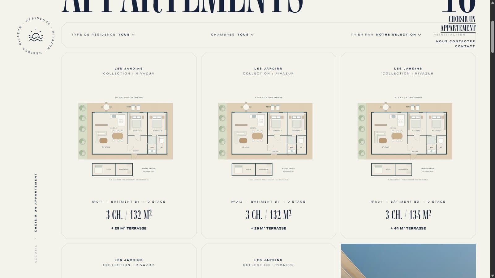 Les plans illustratifs Rivazur, avec surfaces, chambres et terrasses