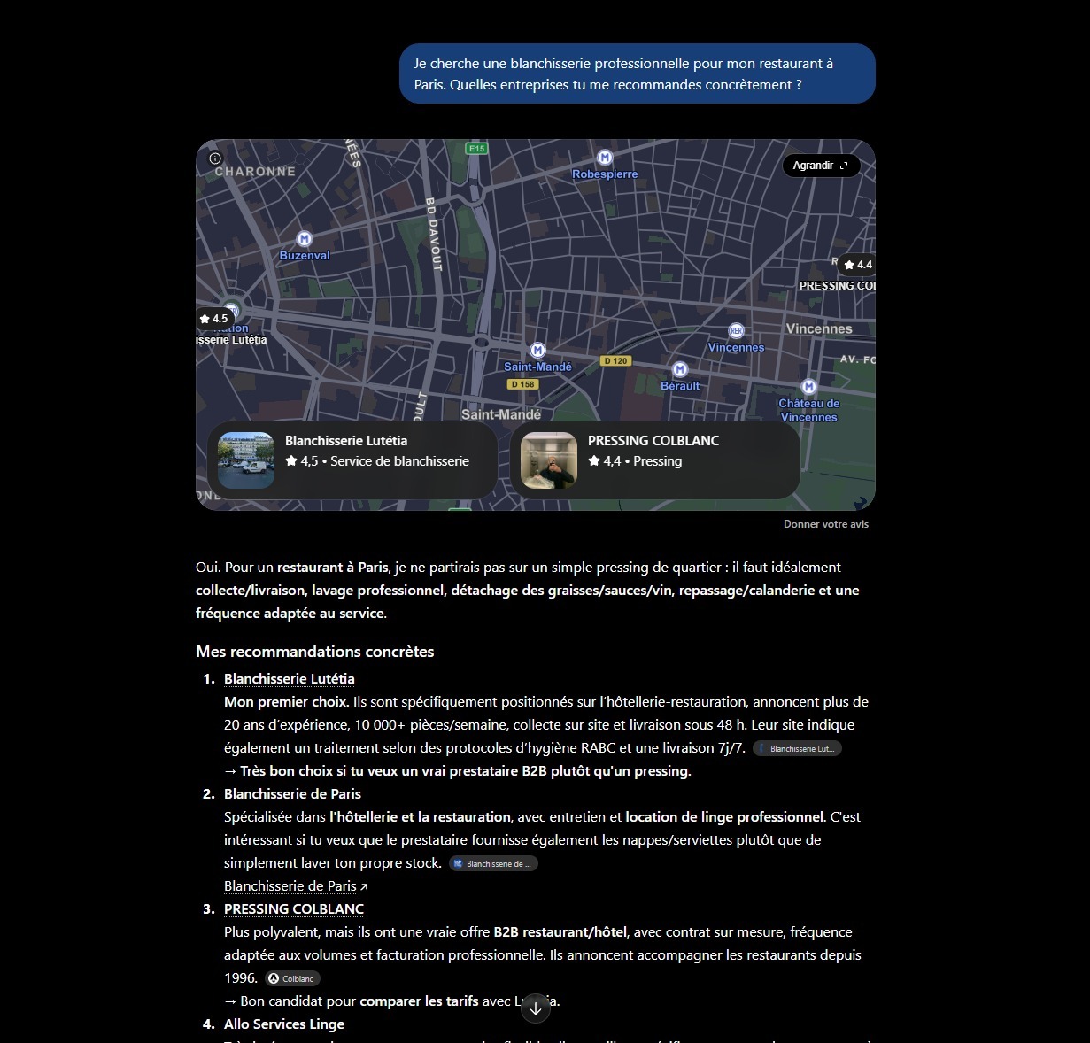 Original French AI answer recommending Lutétia